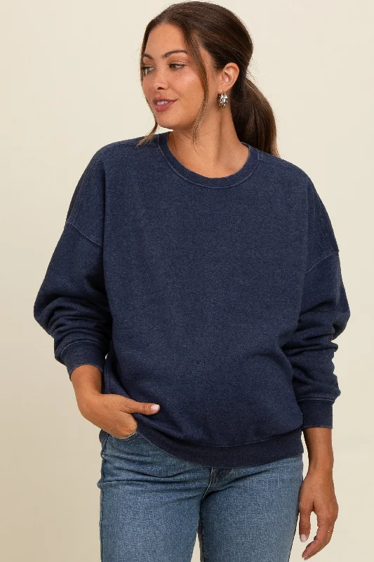 Navy Blue Heather Crewneck Maternity Sweatshirt Hoodie with Oversized Fit Loose Comfortable Navy Blue Heather Crewneck Maternity Sweatshirt Hoodie with Oversized Fit Loose Comfortable