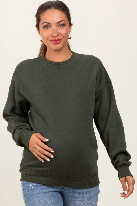 Olive Fleece Crew Neck Relaxed Fit Maternity Sweatshirt Hoodie with Lace Feminine Delicate