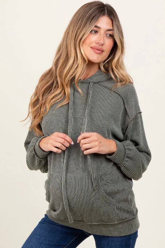 Olive Ribbed Front Pocket Maternity Drawstring Hoodie Hoodie with Full-Zip Functional Layering Olive Ribbed Front Pocket Maternity Drawstring Hoodie Hoodie with Full-Zip Functional Layering