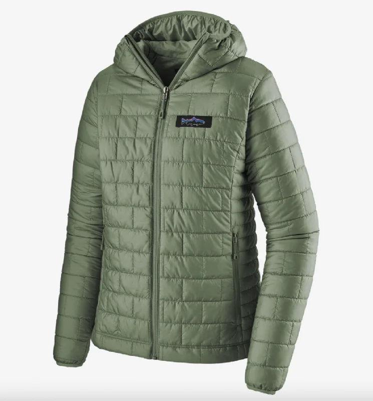 Patagonia Women's Nano Puff® Fitz Roy Trout Hoody - Hemlock Green Hoodie with Hem Drawcord Adjustable Customizable Patagonia Women's Nano Puff® Fitz Roy Trout Hoody - Hemlock Green Hoodie with Hem Drawcord Adjustable Customizable