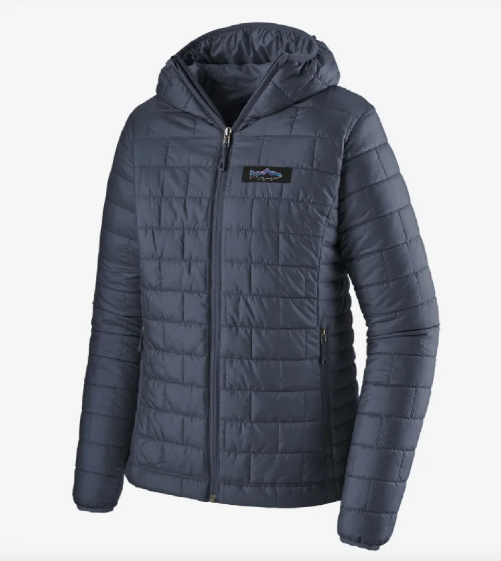 Patagonia Women's Nano Puff® Fitz Roy Trout Hoody - Smolder Blue Hoodie with Front Slit Layering Stylish Patagonia Women's Nano Puff® Fitz Roy Trout Hoody - Smolder Blue Hoodie with Front Slit Layering Stylish