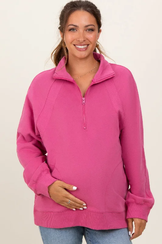 Pink Half Zip Contrast Rib Sweatshirt Maternity Top Hoodie with Elastic Cuffs Stretchable Comfortable Pink Half Zip Contrast Rib Sweatshirt Maternity Top Hoodie with Elastic Cuffs Stretchable Comfortable