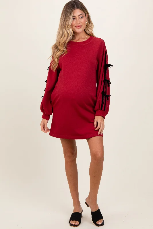 Red Bow Detail Long Sleeve Sweatshirt Maternity Mini Dress Hoodie with Patch Decorative Personalized