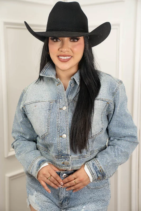 Rhinestone Embedded Cropped Jean Jacket JJ Anorak Shell Jacket Lightweight Jacket