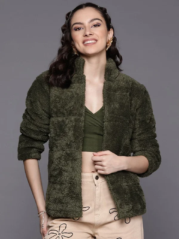 Women Olive Faux Fur Quilted Jacket One-Shoulder Jacket Off-the-Shoulder Jacket Asymmetrical Jacket Women Olive Faux Fur Quilted Jacket One-Shoulder Jacket Off-the-Shoulder Jacket Asymmetrical Jacket