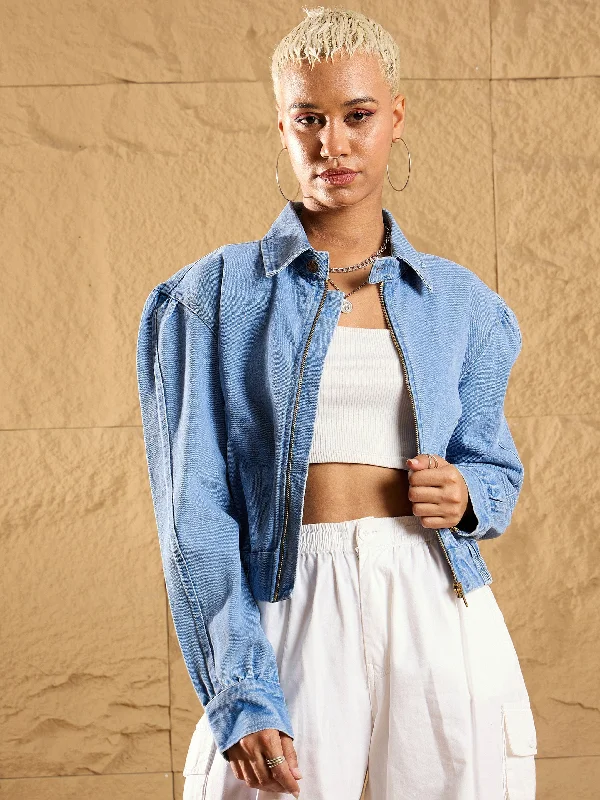 Women Blue Washed Zipper Biker Crop Jacket Notch Collar Peter Pan Collar Cowl Neck