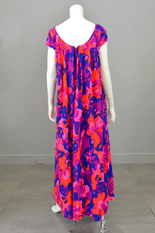 1960s 70s Bright Neon Pink Purple Babydoll Maxi Dress with Draped Back | Hawaiian Dress Fashionable Open-Back Maxi Dress 1960s 70s Bright Neon Pink Purple Babydoll Maxi Dress with Draped Back | Hawaiian Dress Fashionable Open-Back Maxi Dress