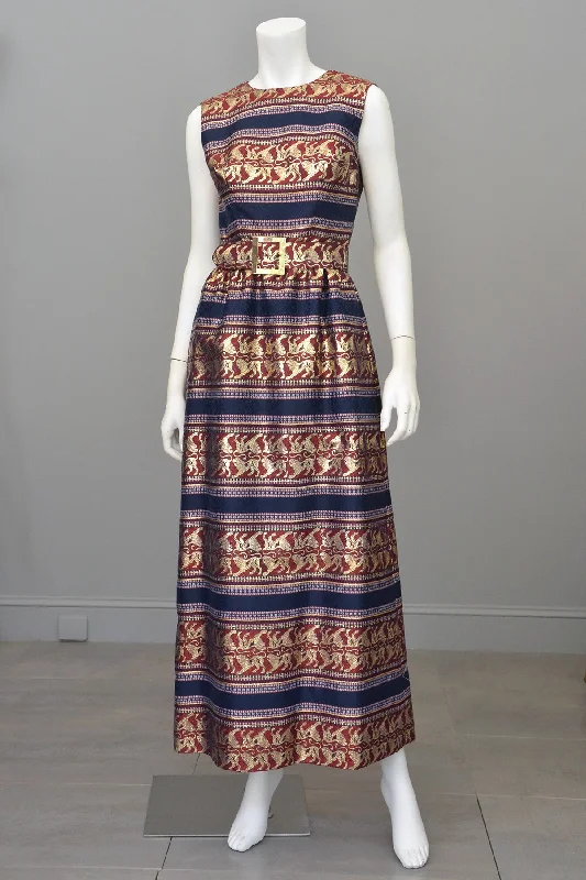 1960s 70s Gold Lame Brocade Maxi Dress, Novelty Lion Print Trendy Off-Shoulder Ruffle Maxi Dress 1960s 70s Gold Lame Brocade Maxi Dress, Novelty Lion Print Trendy Off-Shoulder Ruffle Maxi Dress