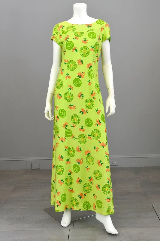 1960s 70s Hawaiian Lotus Print Draped Back Babydoll Maxi Dress Cozy Knit Maxi Dress