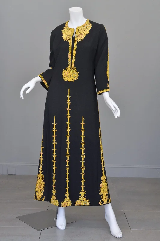 1970s Black Wool Gold Embroidered A-Line Caftan Maxi Dress Chic Summer Floral Maxi Dress 1970s Black Wool Gold Embroidered A-Line Caftan Maxi Dress Chic Summer Floral Maxi Dress