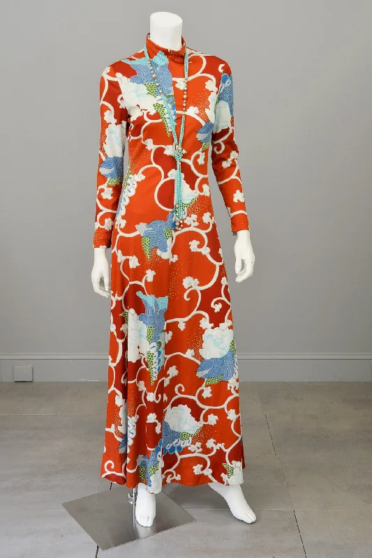 1970s Burnt Orange Blue Retro Abstract Op Art Print Maxi Dress Trendy Off-Shoulder Ruffle Maxi Dress 1970s Burnt Orange Blue Retro Abstract Op Art Print Maxi Dress Trendy Off-Shoulder Ruffle Maxi Dress
