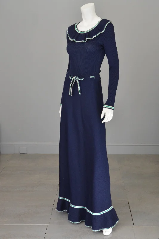 1970s Navy Blue Stripes Ruffles Ribbed Knit Maxi Dress Nautical Fashionable Open-Back Maxi Dress 1970s Navy Blue Stripes Ruffles Ribbed Knit Maxi Dress Nautical Fashionable Open-Back Maxi Dress