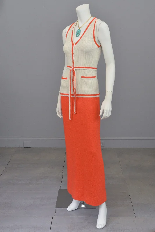 1970s Orange and Off-White Color Block ModKnit Maxi Dress Stylish Empire Waist Maxi Dress 1970s Orange and Off-White Color Block ModKnit Maxi Dress Stylish Empire Waist Maxi Dress