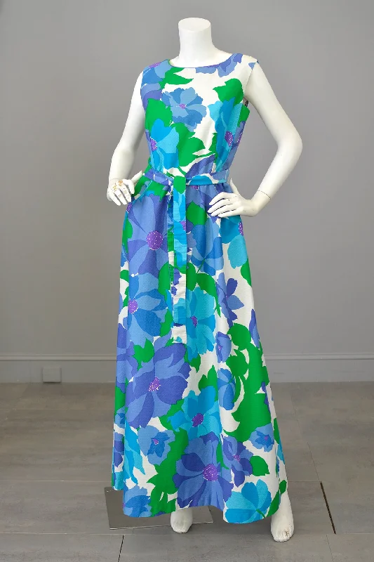 1970s Malia Honolulu Purple Blue Green Hawaiian Floral Print Wrap Around Maxi Dress with pockets Elegant Maxi Dress with Drapes 1970s Malia Honolulu Purple Blue Green Hawaiian Floral Print Wrap Around Maxi Dress with pockets Elegant Maxi Dress with Drapes