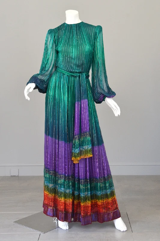 RESERVED 1970s Sheer Peacock Rainbow Silk Maxi Dress with Poet Sleeves Vintage Dress Fashionable Open-Back Maxi Dress RESERVED 1970s Sheer Peacock Rainbow Silk Maxi Dress with Poet Sleeves Vintage Dress Fashionable Open-Back Maxi Dress