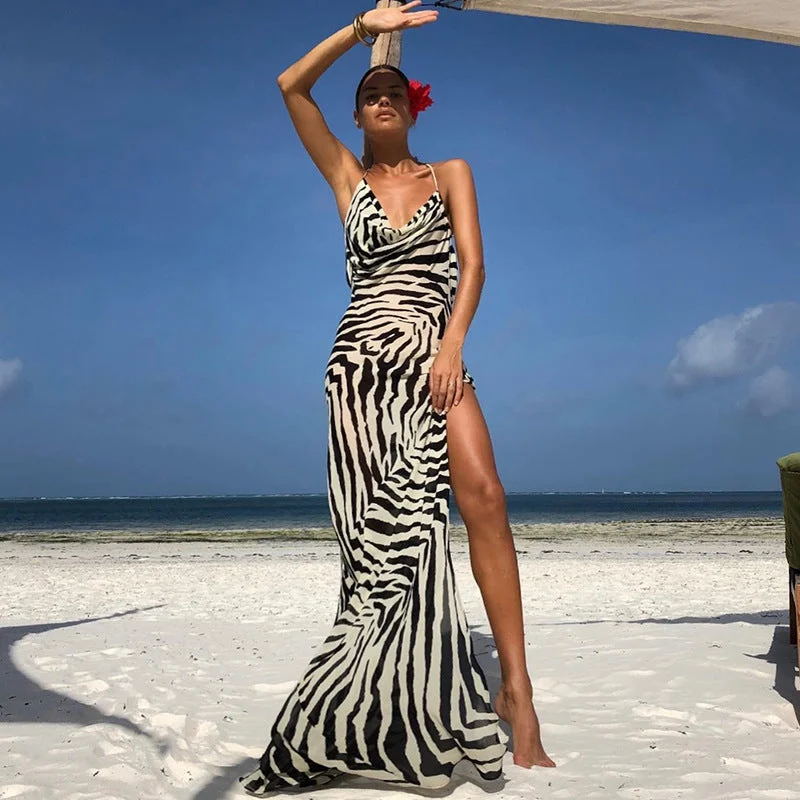 ANSKZTN Women Casual Zebra Stripe Print Sexy Party Club Wear evening Slimming Spaghetti Strap Slit Maxi Dress Casual Maxi Dress with Pockets ANSKZTN Women Casual Zebra Stripe Print Sexy Party Club Wear evening Slimming Spaghetti Strap Slit Maxi Dress Casual Maxi Dress with Pockets