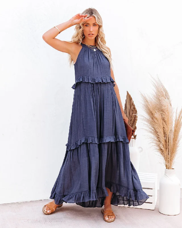Brave Soul Pocketed Halter Maxi Dress - Navy Fashionable Sleeveless Maxi Dress