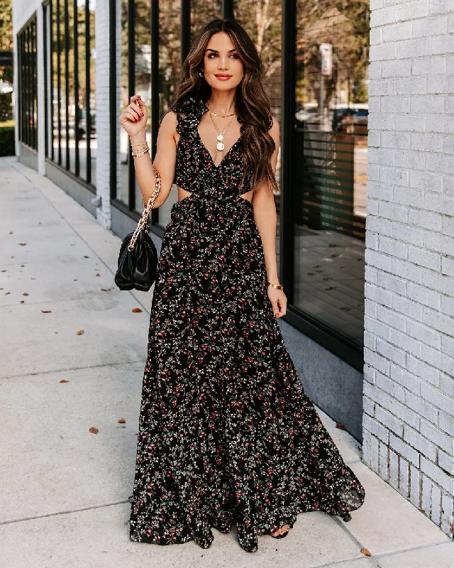 Charlotta Floral Ruffle Cutout Maxi Dress - Black - FINAL SALE Stylish Maxi Dress with Frills Charlotta Floral Ruffle Cutout Maxi Dress - Black - FINAL SALE Stylish Maxi Dress with Frills