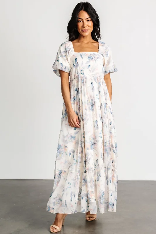 Dalia Maxi Dress | Cream + Blue Floral Trendy Floral Print Maxi Dress