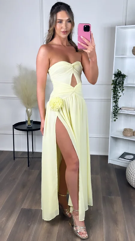 Dominique Yellow Strapless and Corsage Detail Maxi Dress Cozy Ruffle Sleeve Maxi Dress Dominique Yellow Strapless and Corsage Detail Maxi Dress Cozy Ruffle Sleeve Maxi Dress