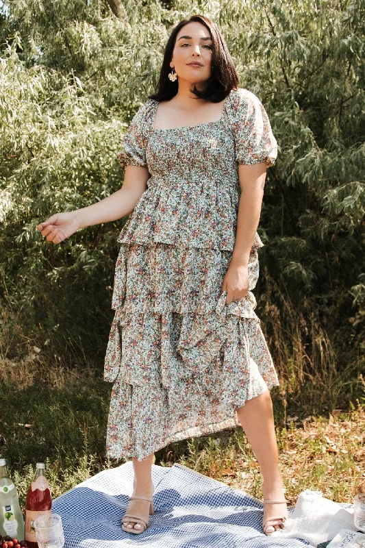 Felicia Tiered Maxi Dress | Green Multi Trendy Fit-and-Flare Maxi Dress