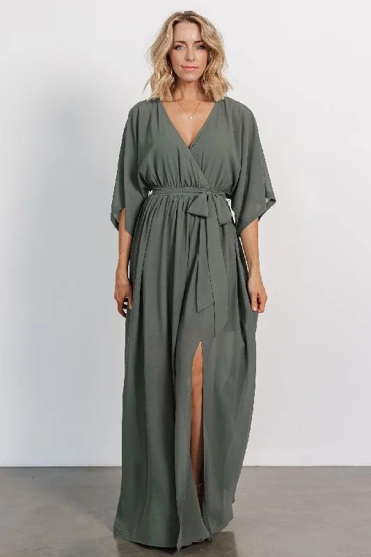 Kia Kimono Maxi Dress | Dark Sage Cozy Open-Back Maxi Dress