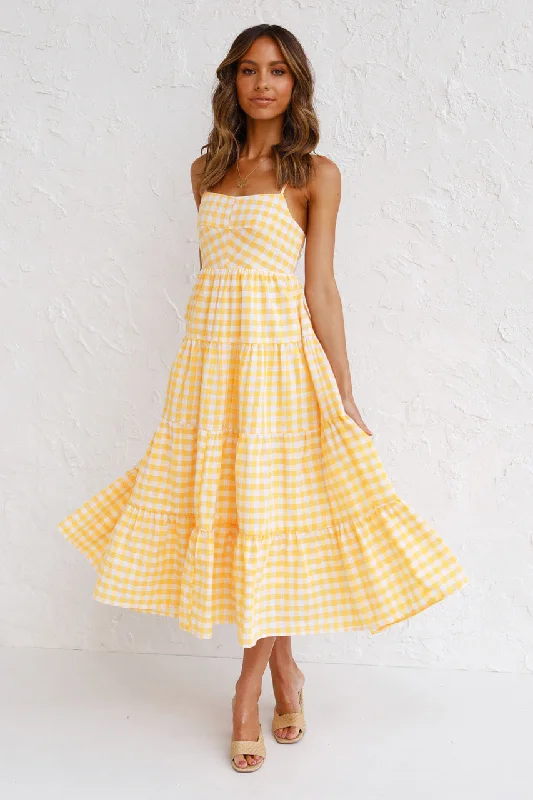 Kinslee Smocked Gingham High Low Maxi Dress - Yellow Fashionable Sleeveless Maxi Dress Kinslee Smocked Gingham High Low Maxi Dress - Yellow Fashionable Sleeveless Maxi Dress