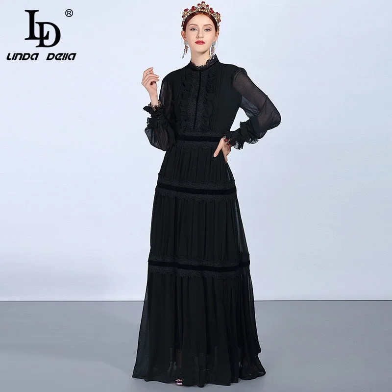 LD LINDA DELLA Fashion Runway Maxi Dresses Women's Long Sleeve Lace Patchwork Ruffles Vintage Black Dress Elegant Party Dress Trendy Fit-and-Flare Maxi Dress LD LINDA DELLA Fashion Runway Maxi Dresses Women's Long Sleeve Lace Patchwork Ruffles Vintage Black Dress Elegant Party Dress Trendy Fit-and-Flare Maxi Dress