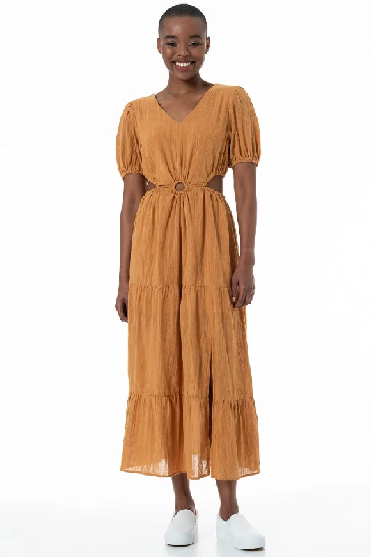 Maxi Dress _ 152151 _ Ochre Comfortable Ruffle Hem Maxi Dress