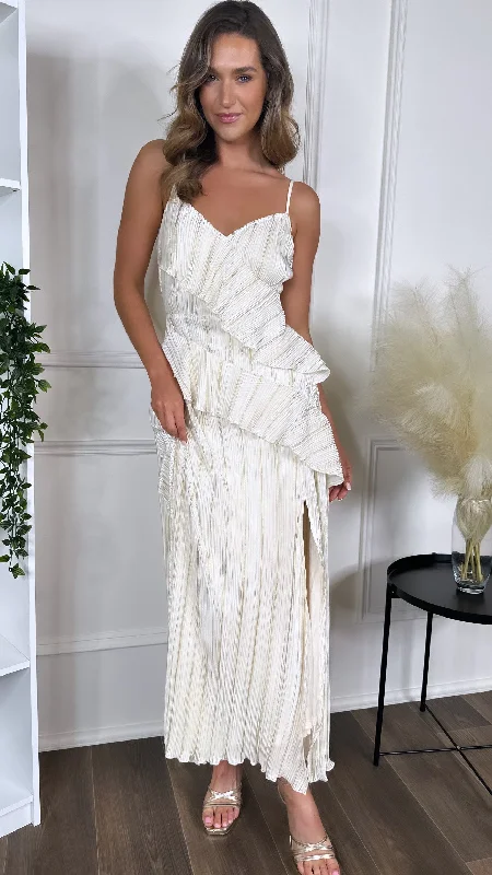 Shelby Cream & Gold Strappy Frill Detail Maxi dress Fashionable Off-Shoulder Maxi Dress Shelby Cream & Gold Strappy Frill Detail Maxi dress Fashionable Off-Shoulder Maxi Dress