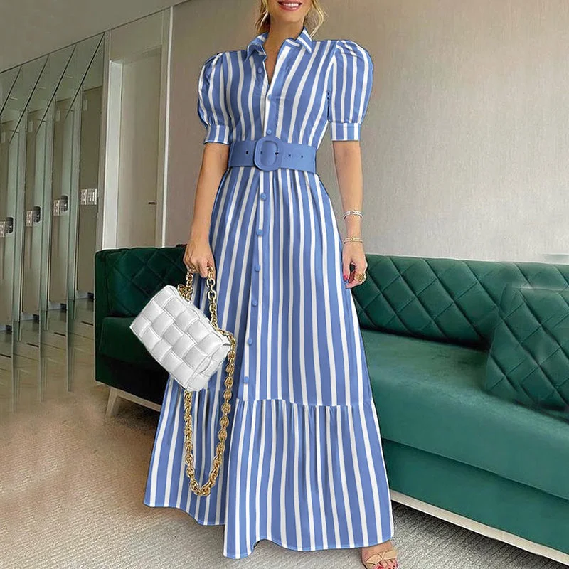 Summer Elegant Turn Down Collar Stripe Print Shirts Maxi Dress With Belt Casual Women Puff Sleeve Long Dresses Trendy V-Neck Maxi Dress Summer Elegant Turn Down Collar Stripe Print Shirts Maxi Dress With Belt Casual Women Puff Sleeve Long Dresses Trendy V-Neck Maxi Dress