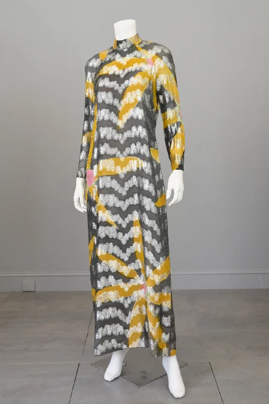 Vintage 70s Silver Lame Goldenrod and Charcoal Retro MOD Maxi Dress Trendy Floral Print Maxi Dress Vintage 70s Silver Lame Goldenrod and Charcoal Retro MOD Maxi Dress Trendy Floral Print Maxi Dress