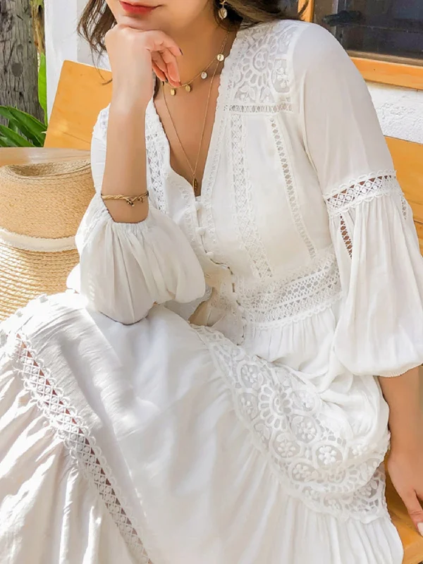 FashionSierra - Women Cotton Patchwork Lace Dresses V-Neck Lantern Sleeve Maxi Dress Trendy Short Sleeve Maxi Dress FashionSierra - Women Cotton Patchwork Lace Dresses V-Neck Lantern Sleeve Maxi Dress Trendy Short Sleeve Maxi Dress