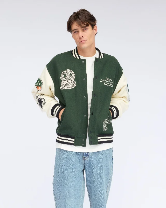 Annivarsity Jacket - Green Patched One-Shoulder Jacket Off-the-Shoulder Jacket Asymmetrical Jacket Annivarsity Jacket - Green Patched One-Shoulder Jacket Off-the-Shoulder Jacket Asymmetrical Jacket