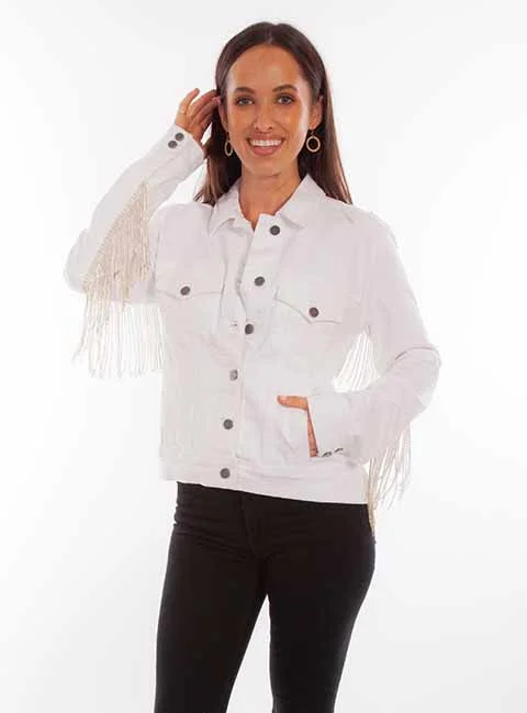 LADIES WHITE DENIM JACKET W/CRYSTAL FRINGE Zippered Jacket Buttoned Jacket Snapped Jacket LADIES WHITE DENIM JACKET W/CRYSTAL FRINGE Zippered Jacket Buttoned Jacket Snapped Jacket