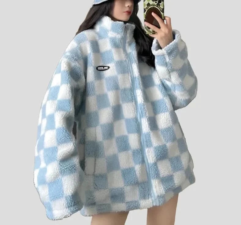 Reversible Jacket - Checkered for Women Wool Fabric Cashmere Fabric Tweed Fabric