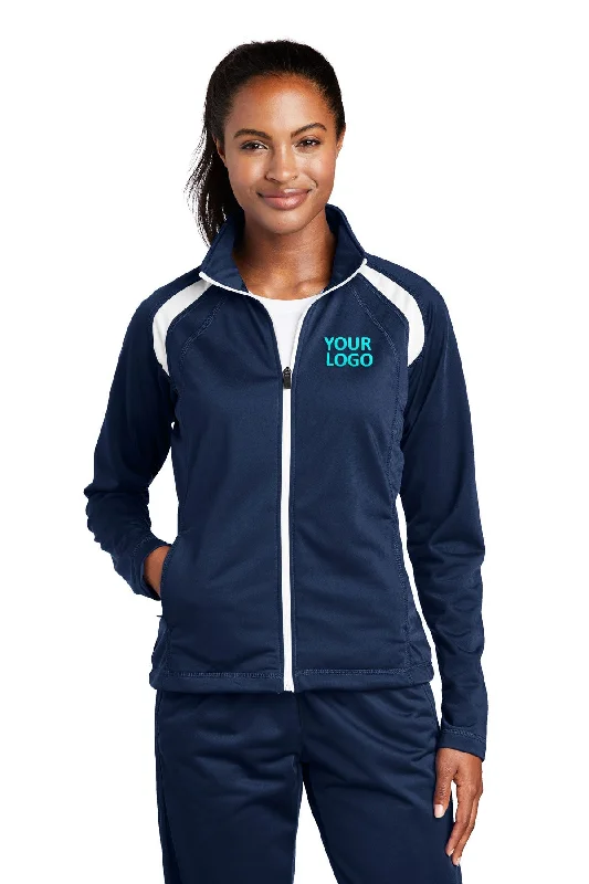 Sport-Tek Ladies Tricot Track Branded Jackets, True Navy/White Bomber Jacket Anorak Windbreaker Sport-Tek Ladies Tricot Track Branded Jackets, True Navy/White Bomber Jacket Anorak Windbreaker