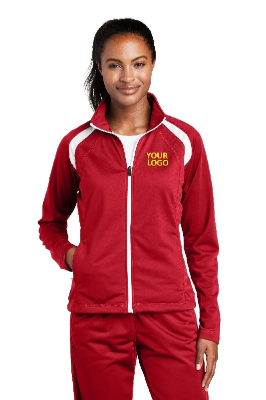 Sport-Tek Ladies Tricot Track Customized Jackets, True Red/White Boat Neck Shawl Collar Notched Collar Sport-Tek Ladies Tricot Track Customized Jackets, True Red/White Boat Neck Shawl Collar Notched Collar