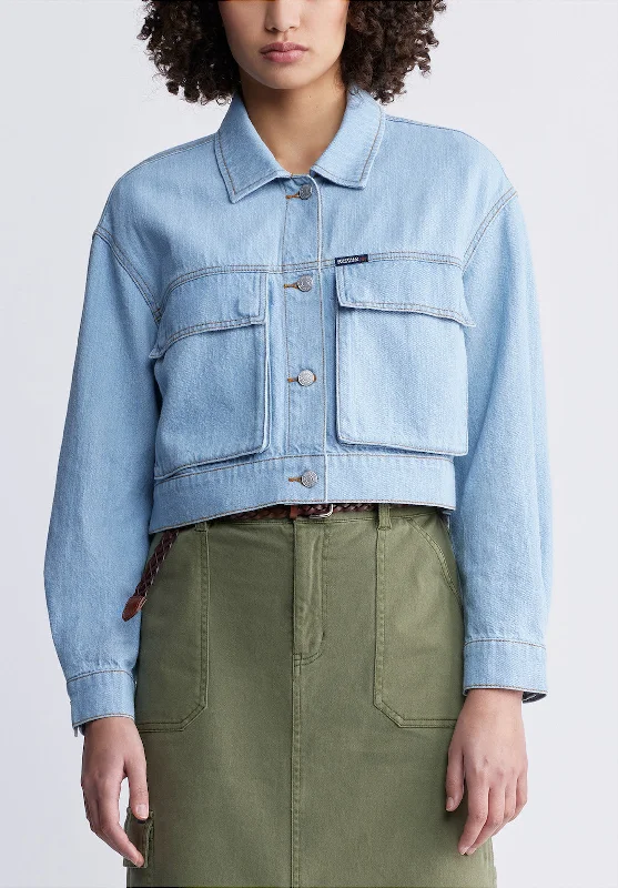 Teagan Women's Boxy Denim Jacket in Bleached Blue - BL15967 Zippered Jacket Buttoned Jacket Snapped Jacket Teagan Women's Boxy Denim Jacket in Bleached Blue - BL15967 Zippered Jacket Buttoned Jacket Snapped Jacket