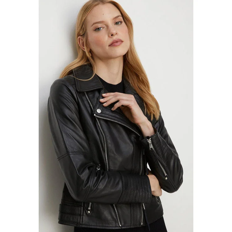 Women's Black Leather Detail Biker Jacket By 3A Satin Fabric Silk Fabric Chiffon Fabric Women's Black Leather Detail Biker Jacket By 3A Satin Fabric Silk Fabric Chiffon Fabric