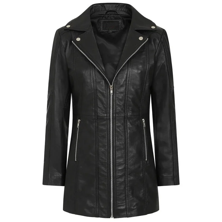 Women's Black Long Leather Biker Jacket By 3A Hooded Jacket Caped Jacket Shawl Collar Jacket Women's Black Long Leather Biker Jacket By 3A Hooded Jacket Caped Jacket Shawl Collar Jacket