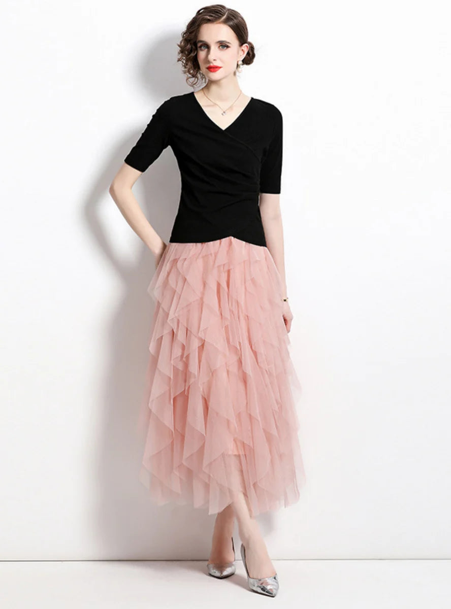 BLACK TOP CAKE SKIRT T-SHIRT TWO-PIECE SUIT satin skirt smooth