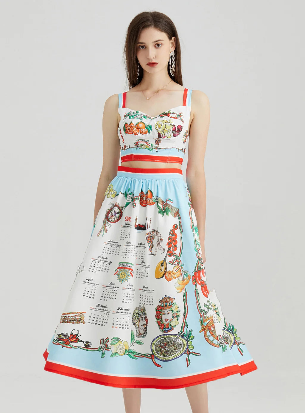 FRUIT PRINTED TOP+SKIRT TWO PIECE SUIT denim skirt casual