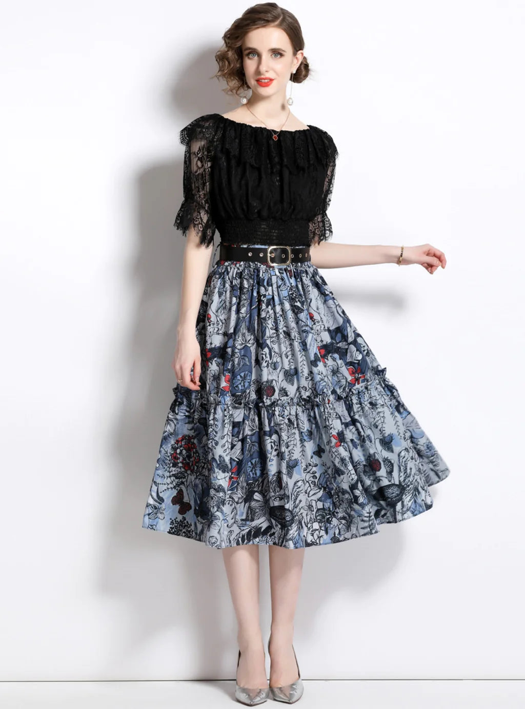 LACE BLOUSE PRINTED SKIRT TWO-PIECE SUIT vintage skirt charm