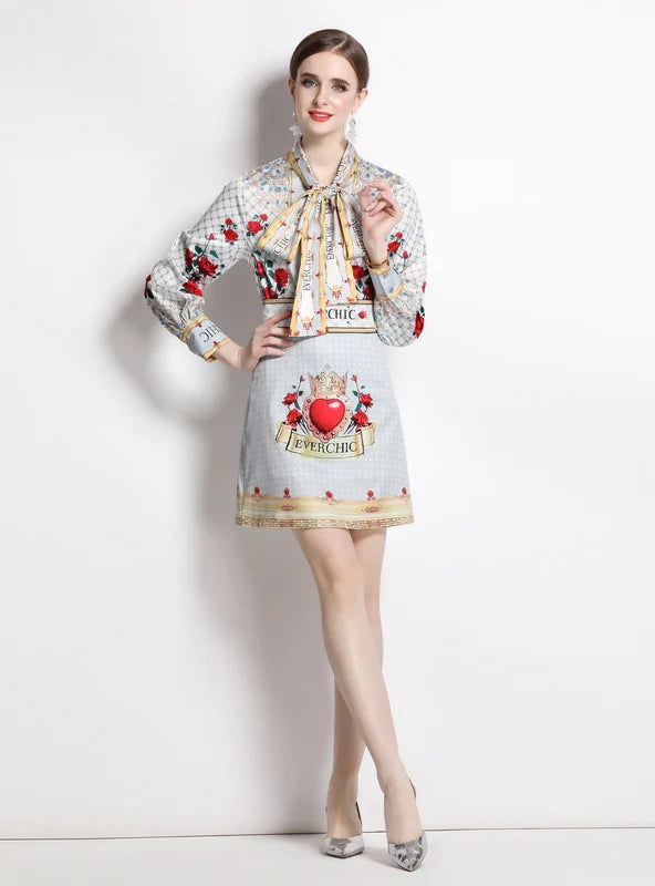 PRINTED BOW TIE SHIRT+HIGH WAIST SKIRT SUIT seamless skirt comfort