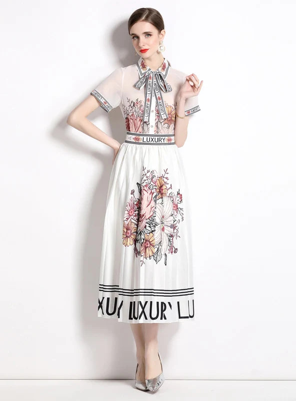 PRINTED LAPEL SHIRT+PLEATED SKIRT TWO-PIECE SUIT summer skirt style