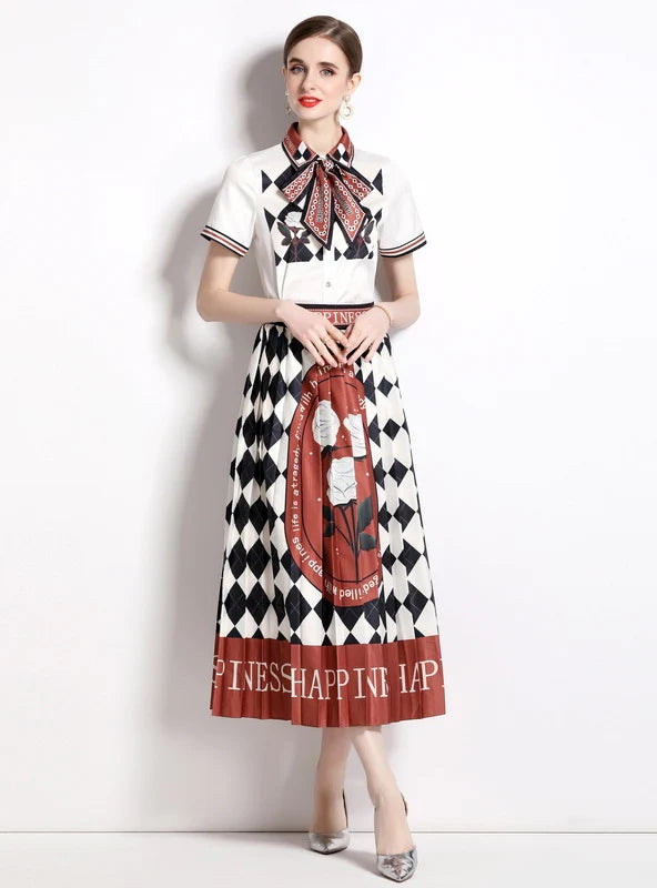 PRINTED LAPEL SHIRT+PLEATED SKIRT TWO-PIECE SUIT lightweight skirt design