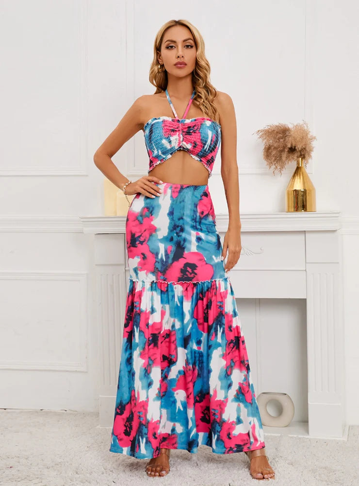 SEXY BOHEMIAN PRINTED TOP+SKIRT TWO-PIECE SET elastic waist skirt