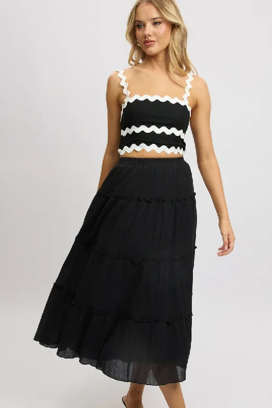 Black Midi Skirt Tiered High Rise Lined silk skirt lustrous