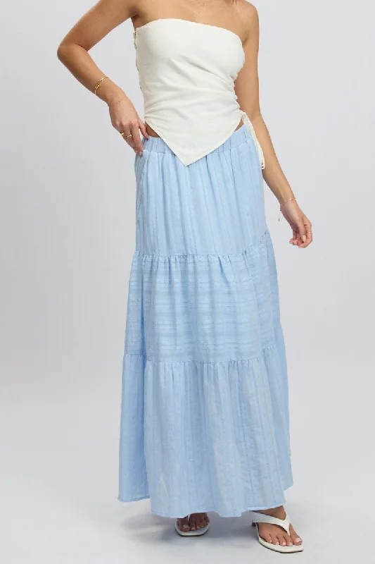 Blue Tiered Maxi Skirt High Rise Elastic Waist Lined seamless skirt comfort